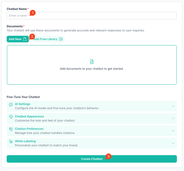 Steps to create your first chatbot with DocuChat.