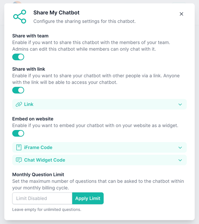Share your chatbot with team members, generate a shareable link, or embed it on your website.